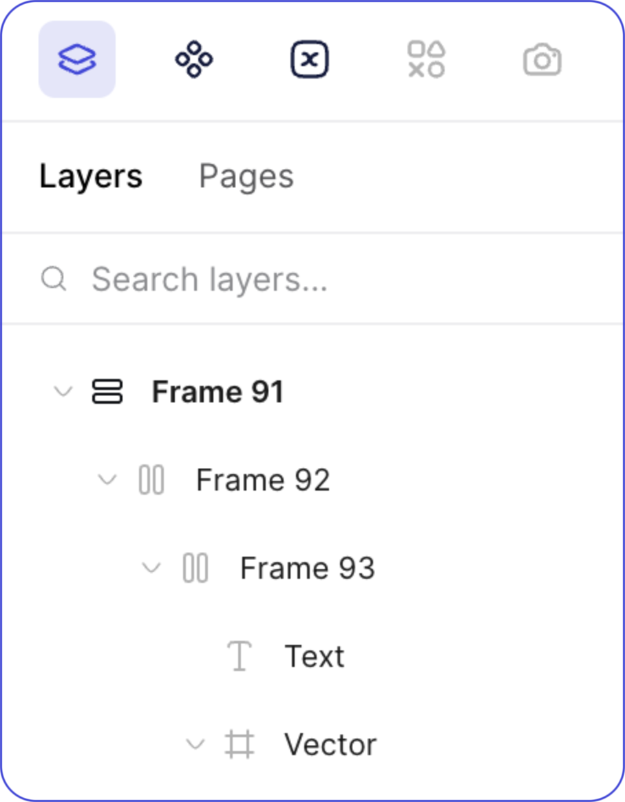 The layers panel: panel tabs, Layers and Pages, search, and a nested tree of named frames.