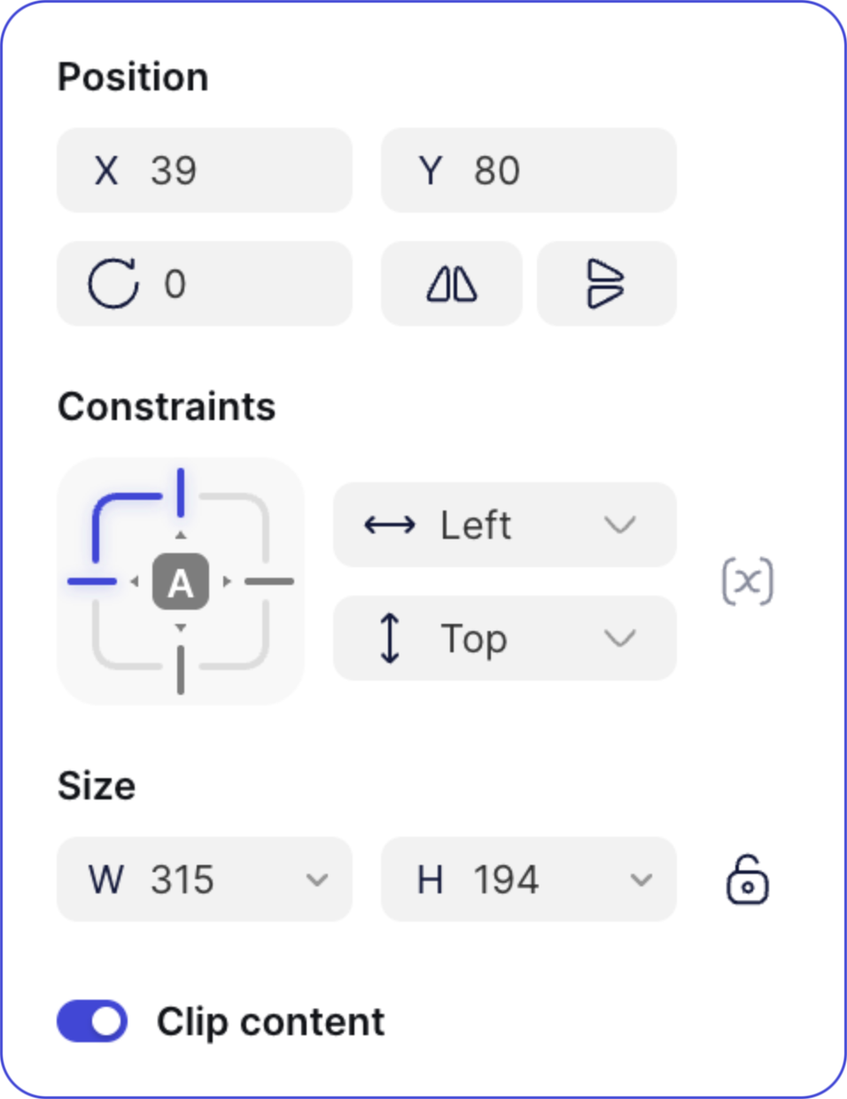 The properties panel: position, rotation, constraints and size for the selected frame.